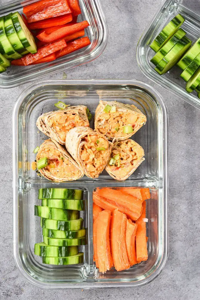 Buffalo Chickpea Pinwheel Meal Prep is a no cook, quick and easy vegetarian lunch box for your on the go life. Prep these for 3 days and just grab and go in the morning!