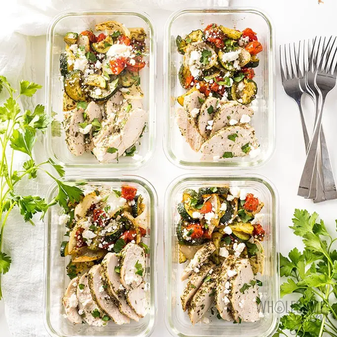 These Greek chicken meal prep bowls are SO EASY! Only 20 minutes prep time to make a low carb meal prep bowls recipe for 4 different meals. They are also a great fit as keto meal prep bowls, paleo meal prep bowls, and whole30 meal prep bowls.