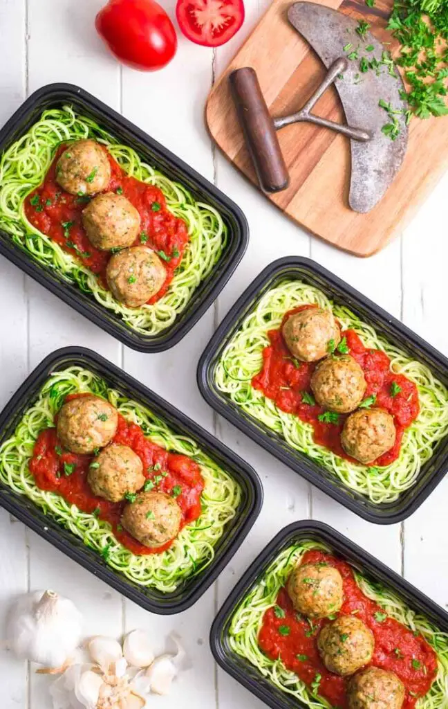 These whole30 turkey meatballs are what you need next Sunday afternoon! This healthy low-carb recipe is packed with nutrients and protein to fuel you up for the rest of the day and the best part is it only takes under 30 minutes to prepare this dish. Meal prep can't be easier than that! This recipe is also entirely gluten-free (thanks to almond flour and zucchini noodles), flourless, paleo and dairy-free. | onecleverchef.com #lowcarb #mealprep #healthylunch #glutenfree