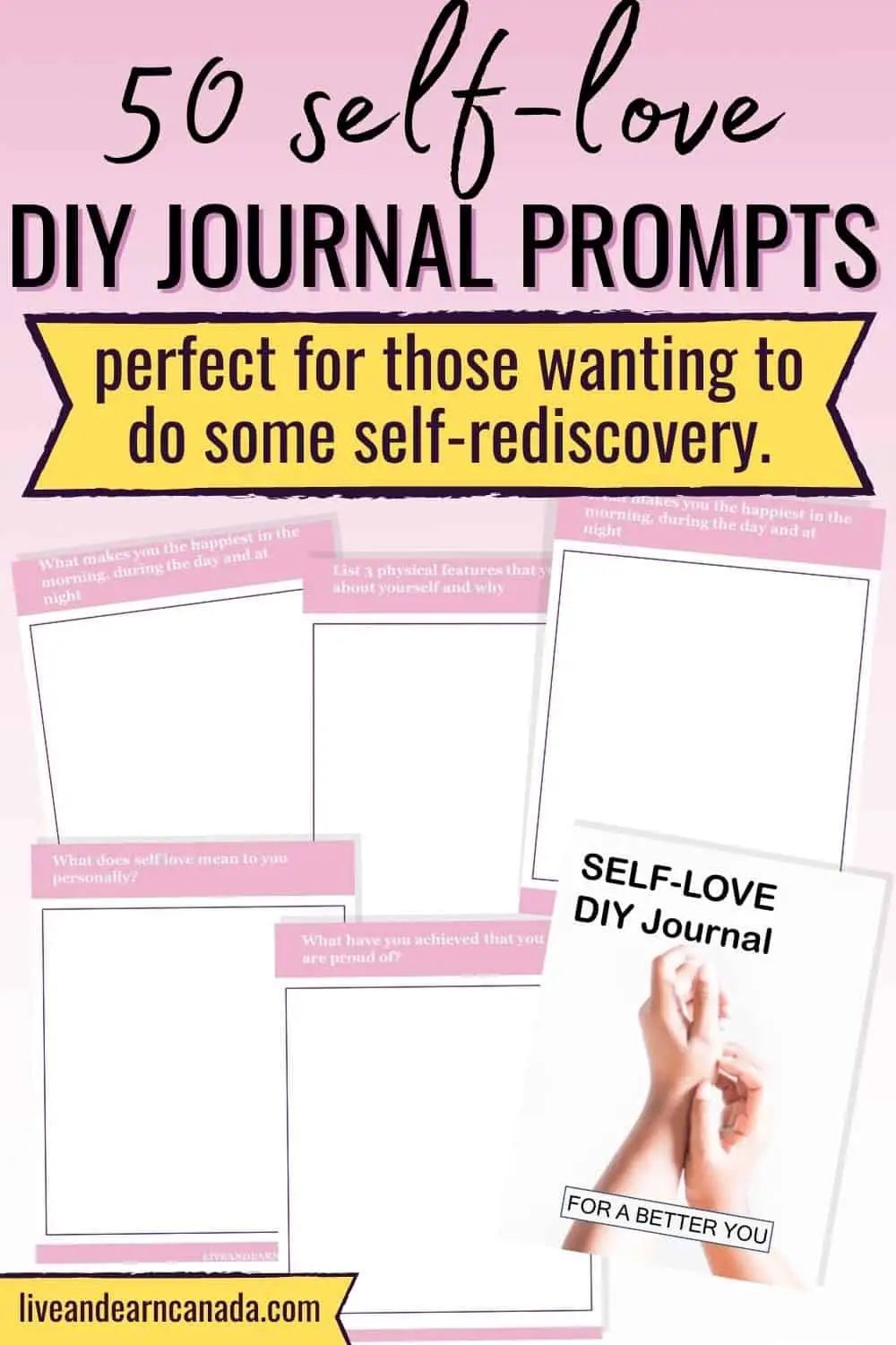 50 Self-Love Journal Prompts for self love. Journaling therapy can improve mental health reduce anxiety. Men and women can try these prompts to improve self esteem and confidence. Getting to know yourself can help reduce anxiety and feelings of low self worth. Self care journal prompts for beginners. #journalprompts #selflove #selfcare #selfworth #anxiety #selfesteem #selfdiscovery