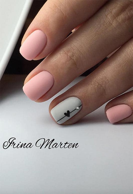 Minimalist manicures are fun and cute especially when a small heart and a jewel come into play. This nail art for short nails can work with nearly any color combination, but it would still look soft and sweet. It makes great use of the space offered by shorter nails without covering every inch in detailed designs.